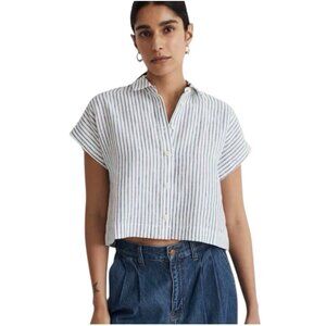 Madewell Boxy 'Dolman' 100% Linen Blue & White Striped Crop Shirt Sz Medium